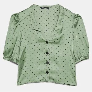 Green Polka Dot Short Sleeve Button Front Top